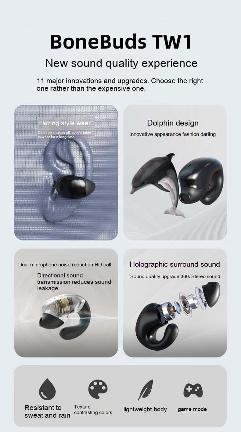 BoneBuds TW1 wireless earbuds showcasing innovative design and features like dual mics and waterproof style.