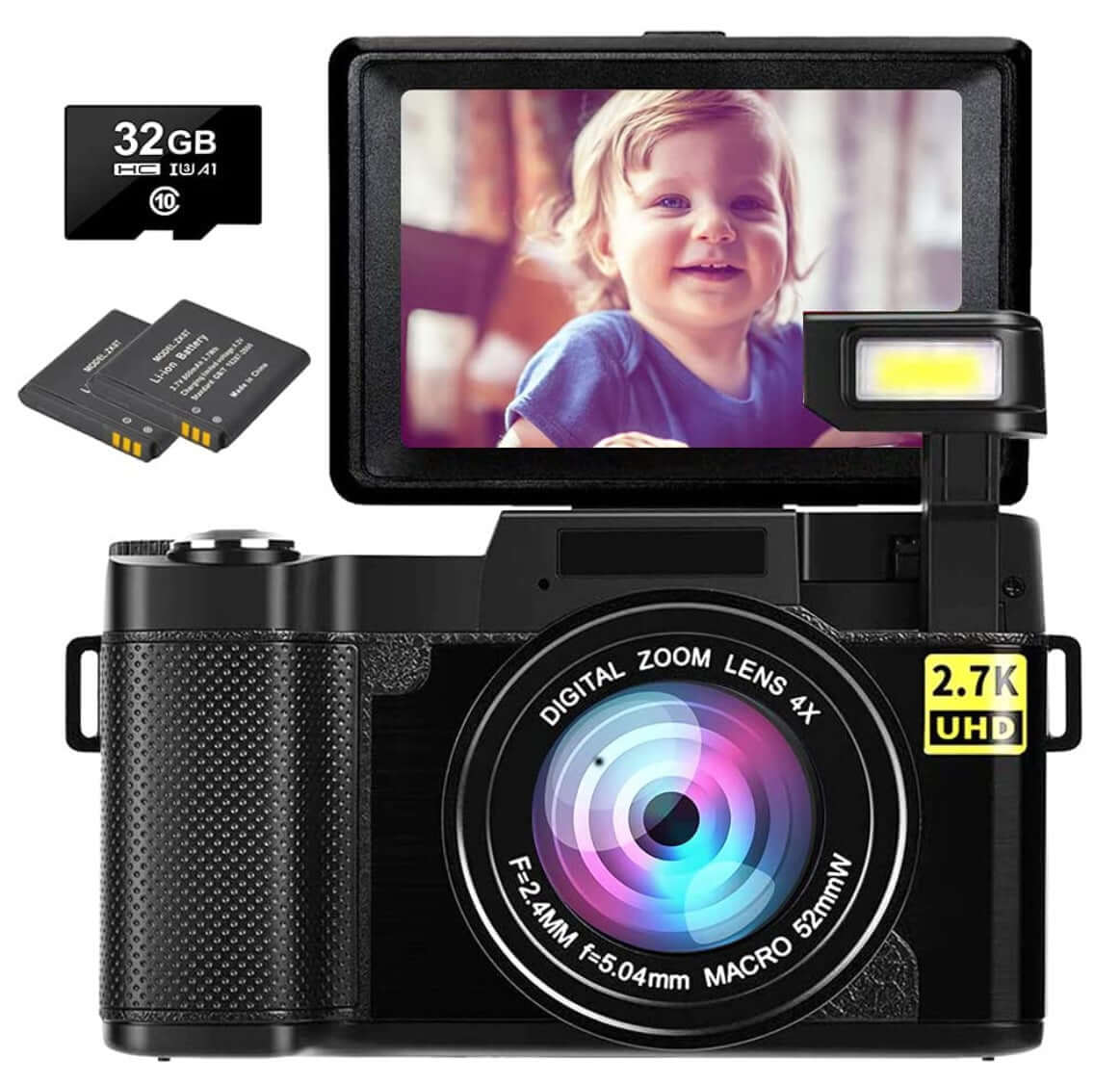 HD 27K digital camera with flip HD screen, showing a child, 32GB micro SD card, and macro lens features.