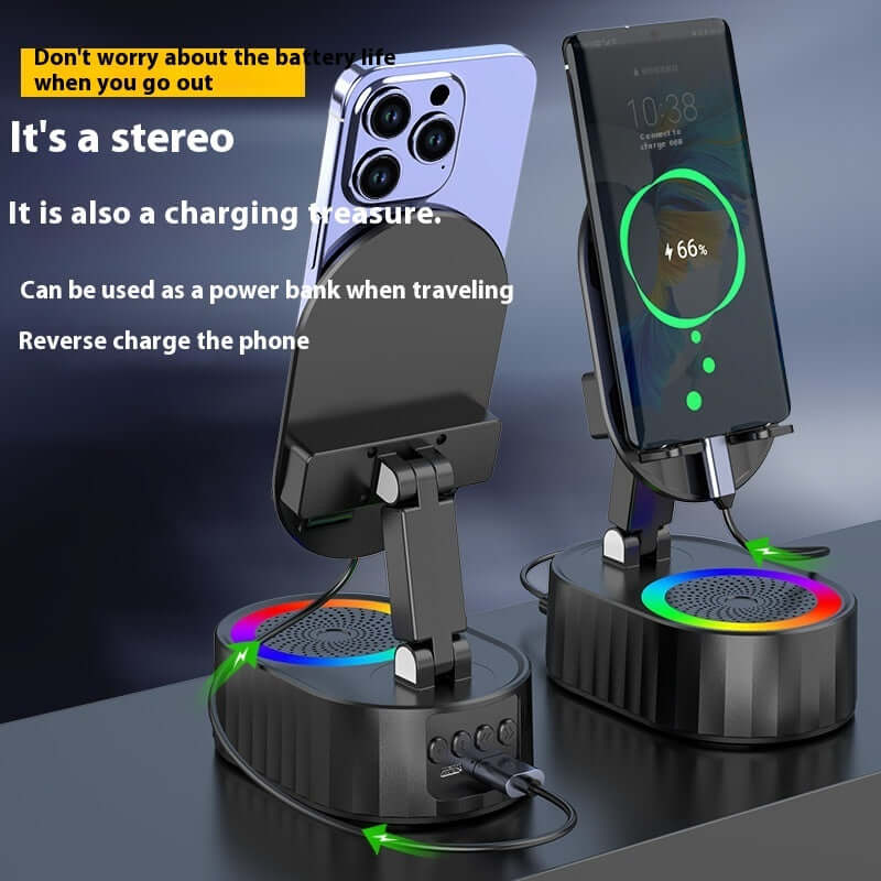 Bluetooth speaker and phone holder with charging capabilities, showcasing colorful LED lights and portable design.