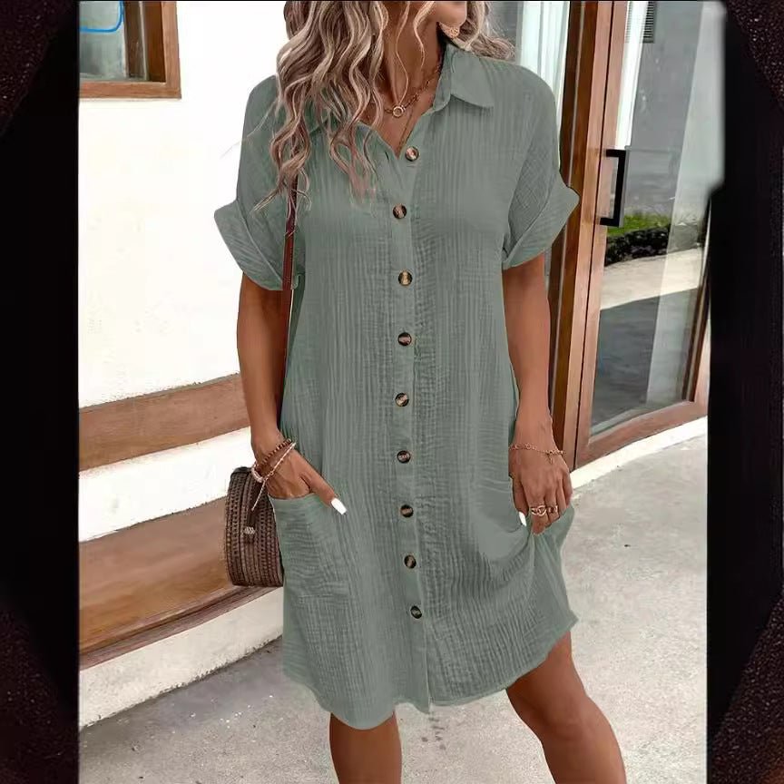 Summer Short Sleeve Shirt Dress Fashion Solid Color Single - breasted Mid - length Loose Dress - DBMP (Electronics And More Store)