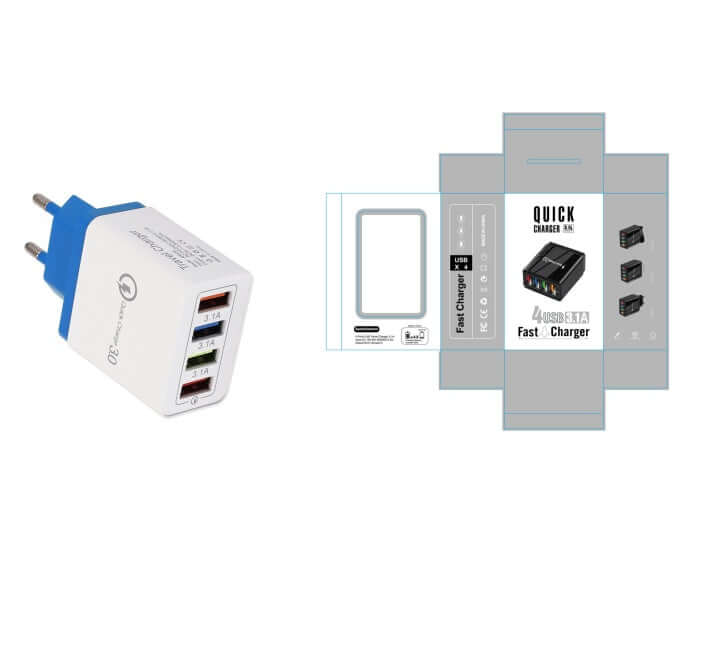 USB Quick Charge 3.0 wall charger with four ports and packaging, ideal for fast charging multiple devices simultaneously.