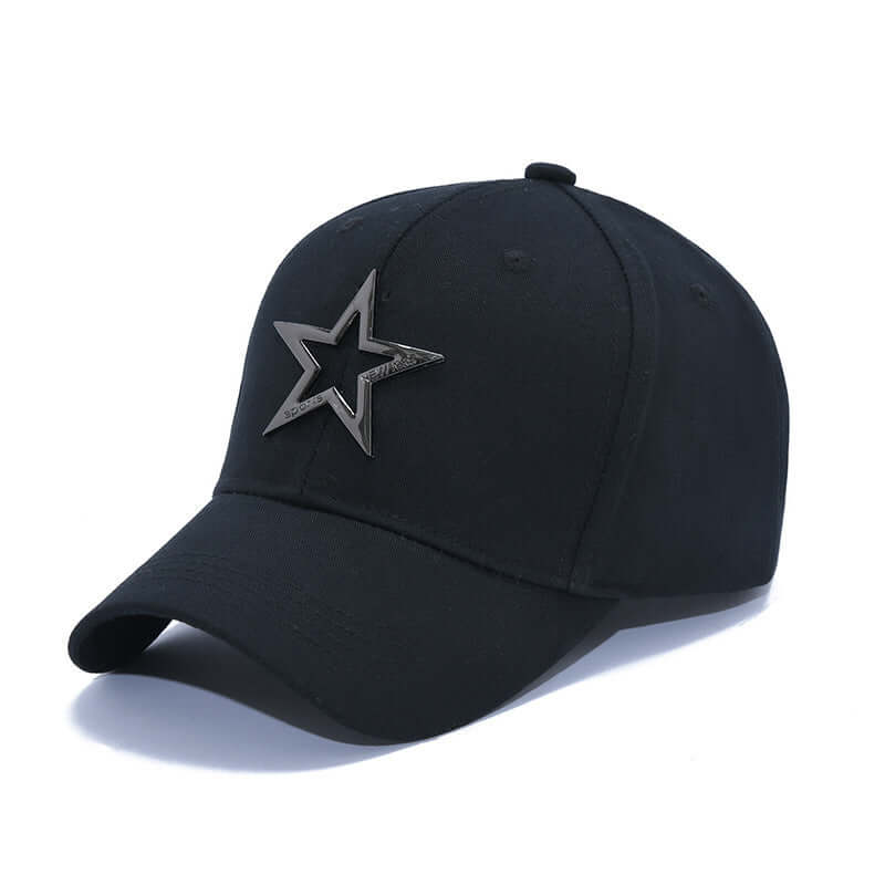Korean style black baseball hat with flat brim and star logo, perfect for summer sunshade.