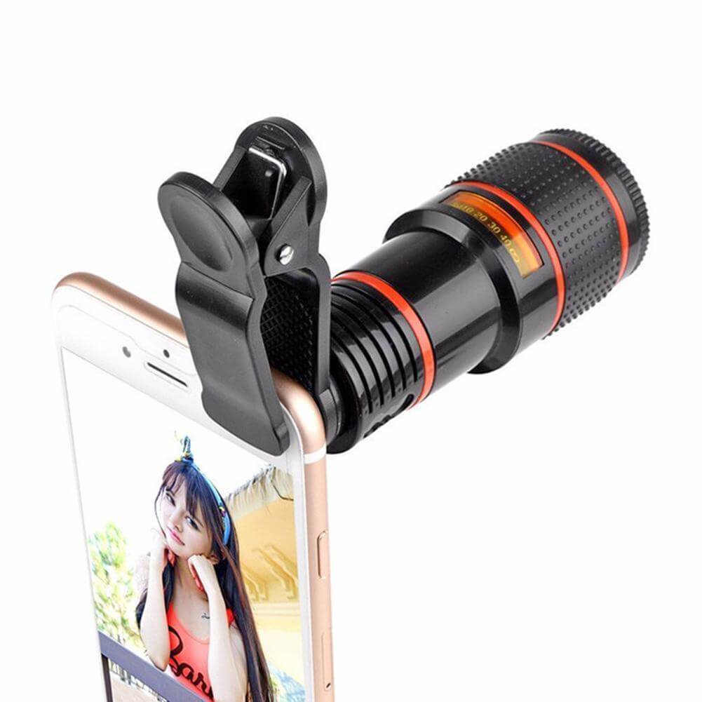 8X clip-on optical zoom lens attached to smartphone for enhanced photography.