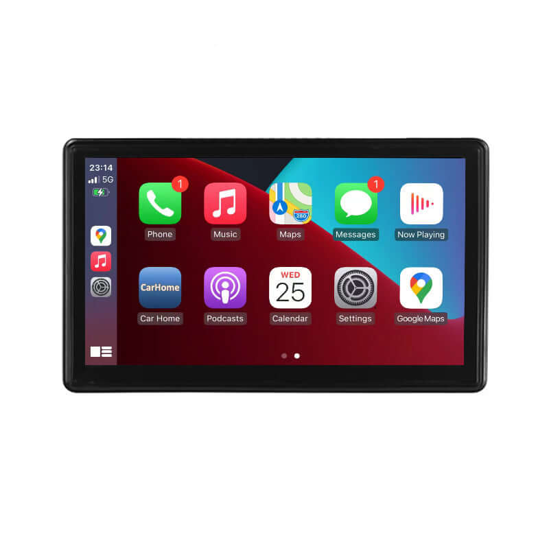Portable IPS car smart screen displaying apps like Maps, Music, and Google Maps on a sleek interface.