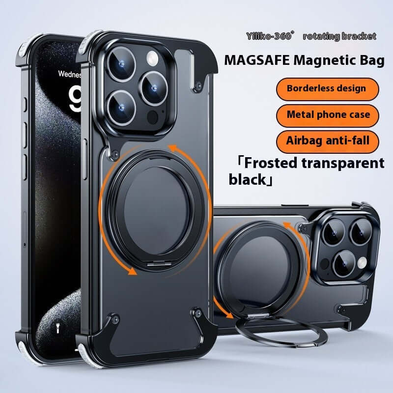 Magnetic metal phone case with rotating bracket, frosted transparent black, featuring borderless design and anti-fall airbags.
