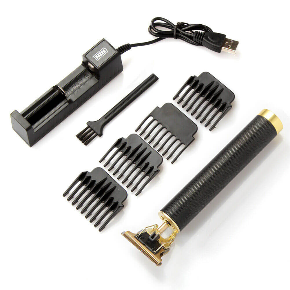 USB rechargeable hair clippers trimmer kit with comb attachments and cleaning brush for men's grooming.