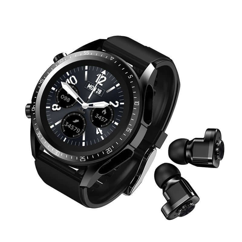 Smart watch with multifunctional features alongside wireless earbuds, showcasing sleek design and black color.