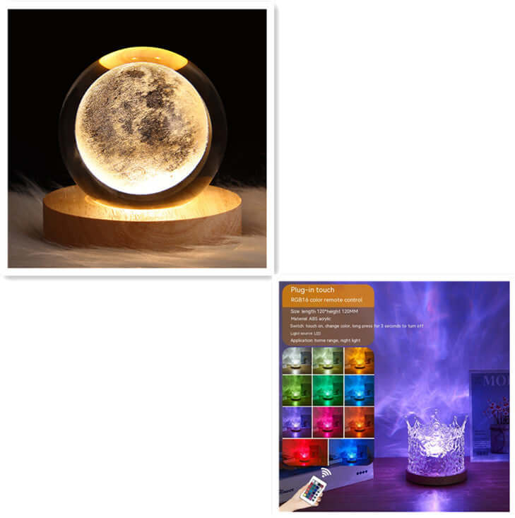 LED moon lamp and crystal projection light with multiple colors and remote control for home decor.