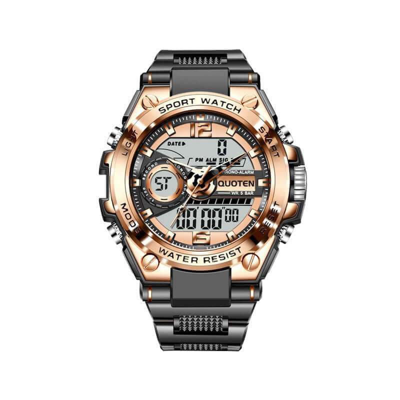 Waterproof quartz sports watch with a gold and black design, featuring multiple functions and a durable plastic strap.