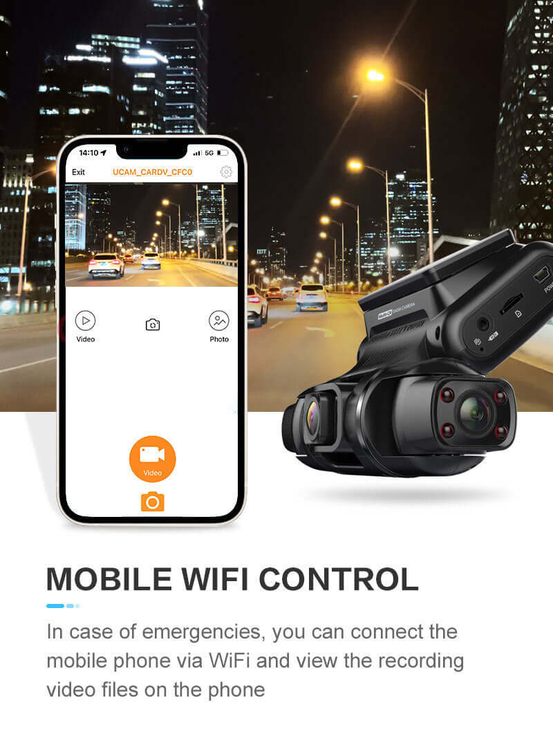 Mobile app interface and three-lens driving recorder with WiFi control for monitoring video files.
