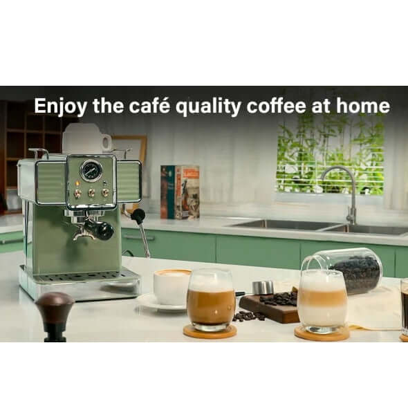 Espresso coffee machine in green with various coffee drinks on a kitchen counter, promoting café quality coffee at home.