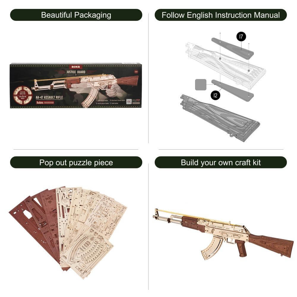 Robotime Rokr AK-47 3D wooden assembly kit packaging, instructions, puzzle pieces, and finished model.