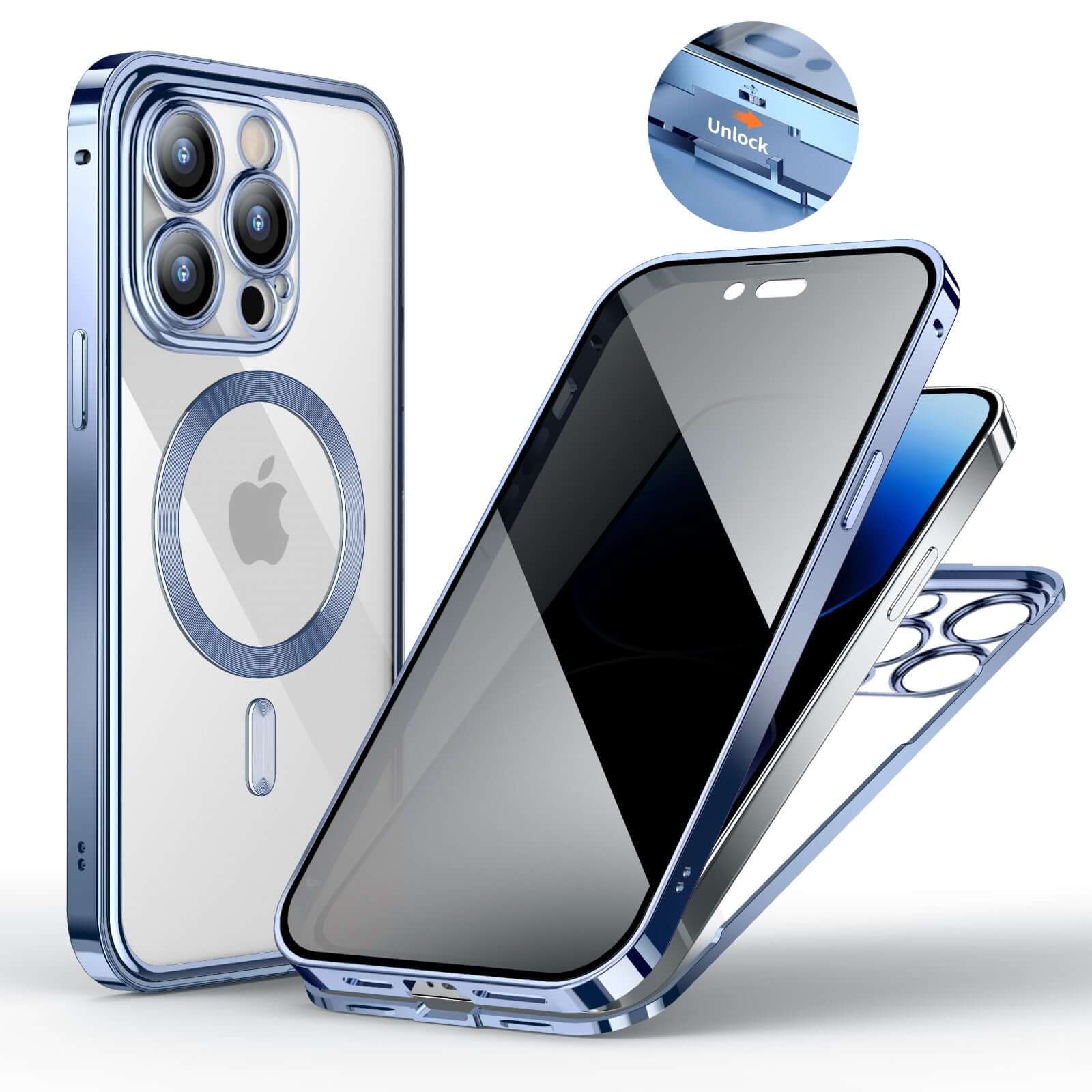 Anti-privacy metal buckle magnetic phone case with double-sided lens, gold and blue color options for full protection.