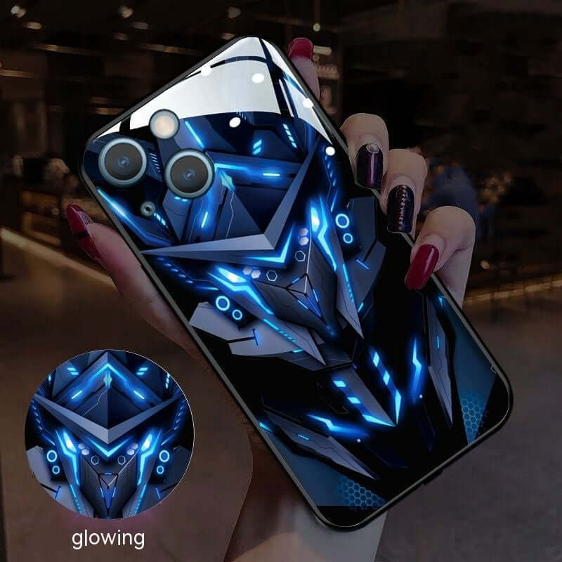 Glowing blue light-emitting phone case with a futuristic design, showcasing anti-fingerprint glass material.