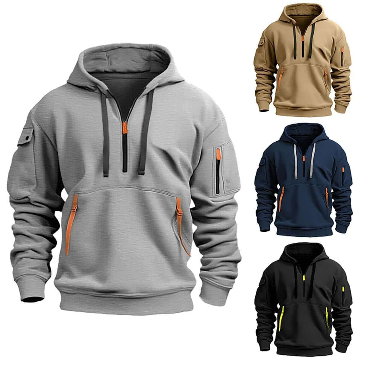 Men's and women's cotton hooded pullover sweatshirt in various colors and styles, featuring comfortable fit and functional pockets.