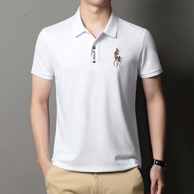 Summer men's solid color cotton polo shirt with short sleeves and embroidery detail.