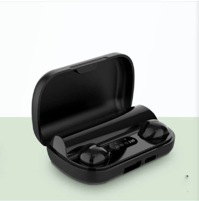 Wireless Bluetooth headset in charging case, featuring a sleek black design and dual earbud capacity.