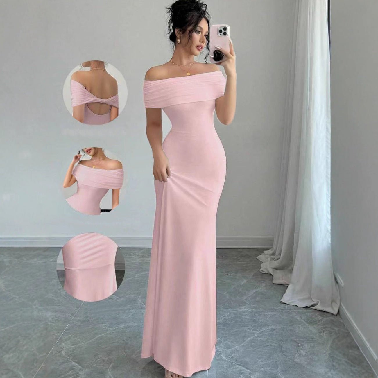 Womens Solid-Colored Sleeveless Off-Shoulder Fashionable Sheath Dress - DBMP Shop