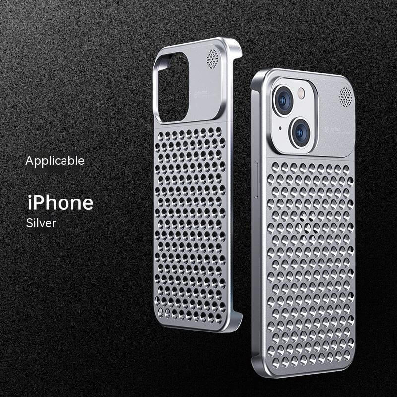 Silver aluminum alloy phone case with heat dissipation design, suitable for iPhone 13 and 14 Pro Max.