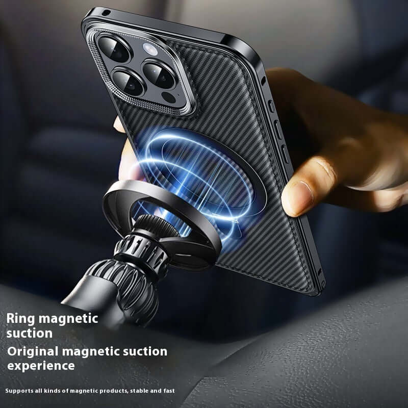 Phone protective case with carbon fiber pattern showcasing magnetic suction feature for stable support in vehicles.