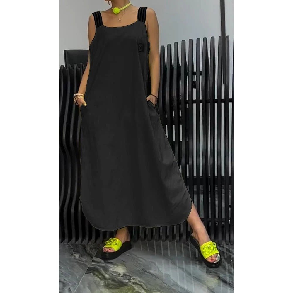Casual Cotton And Linen Pocket Striped Shoulder Strap Skirt - DBMP Shop