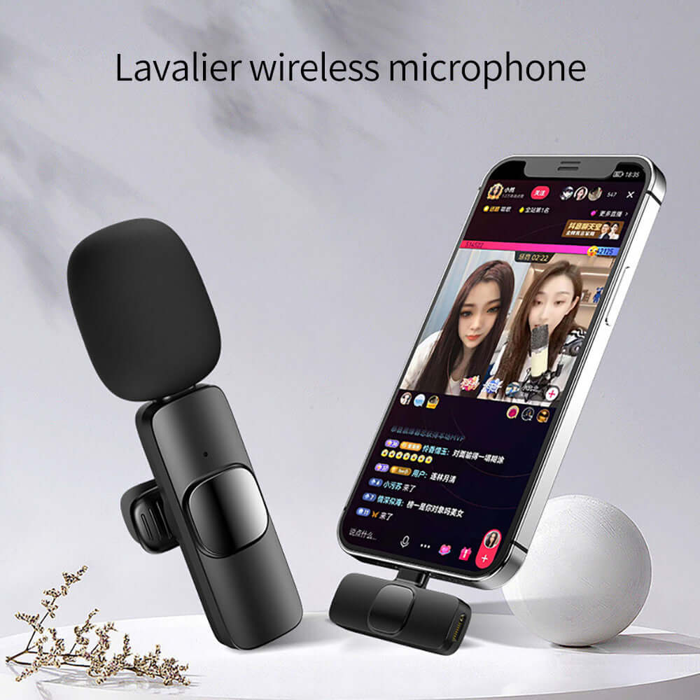 Wireless lavalier microphone with smartphone for live streaming and video recording, showcasing plug-and-play use.