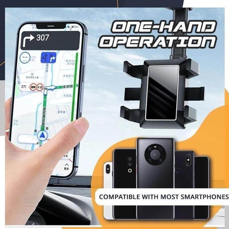 One-hand operation phone holder mounted on rearview mirror, designed for all smartphones for safe driving navigation.