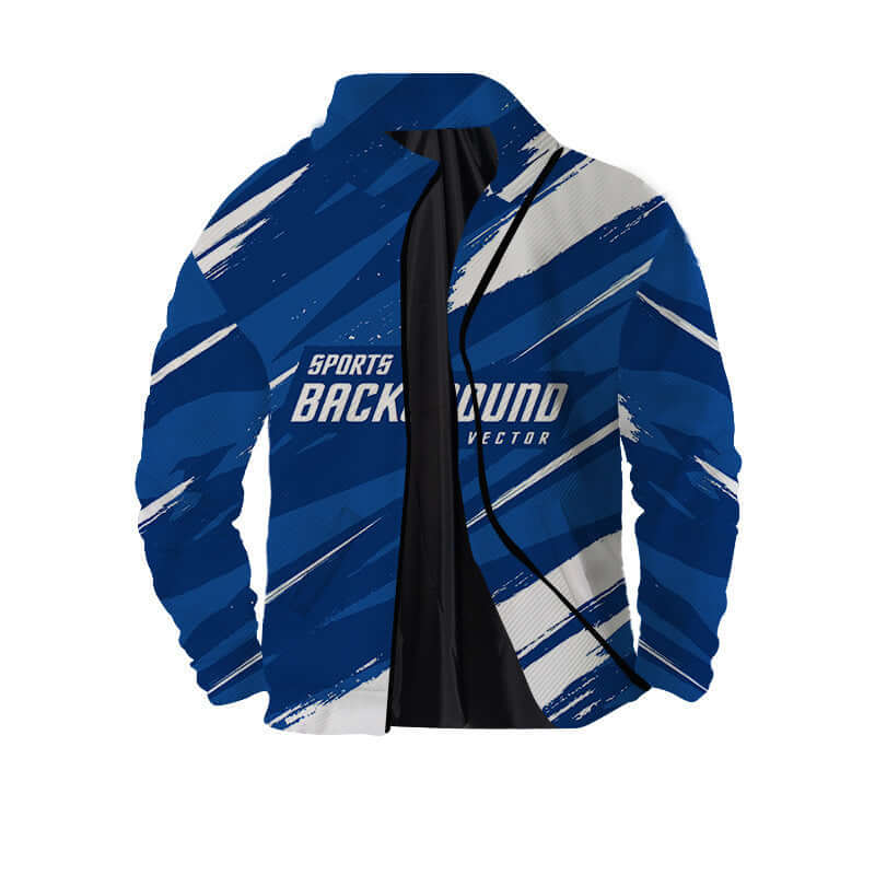 Men's blue 3D zip jacket with solid color pattern and abstract design, suitable for teens in sizes S-XXXL.