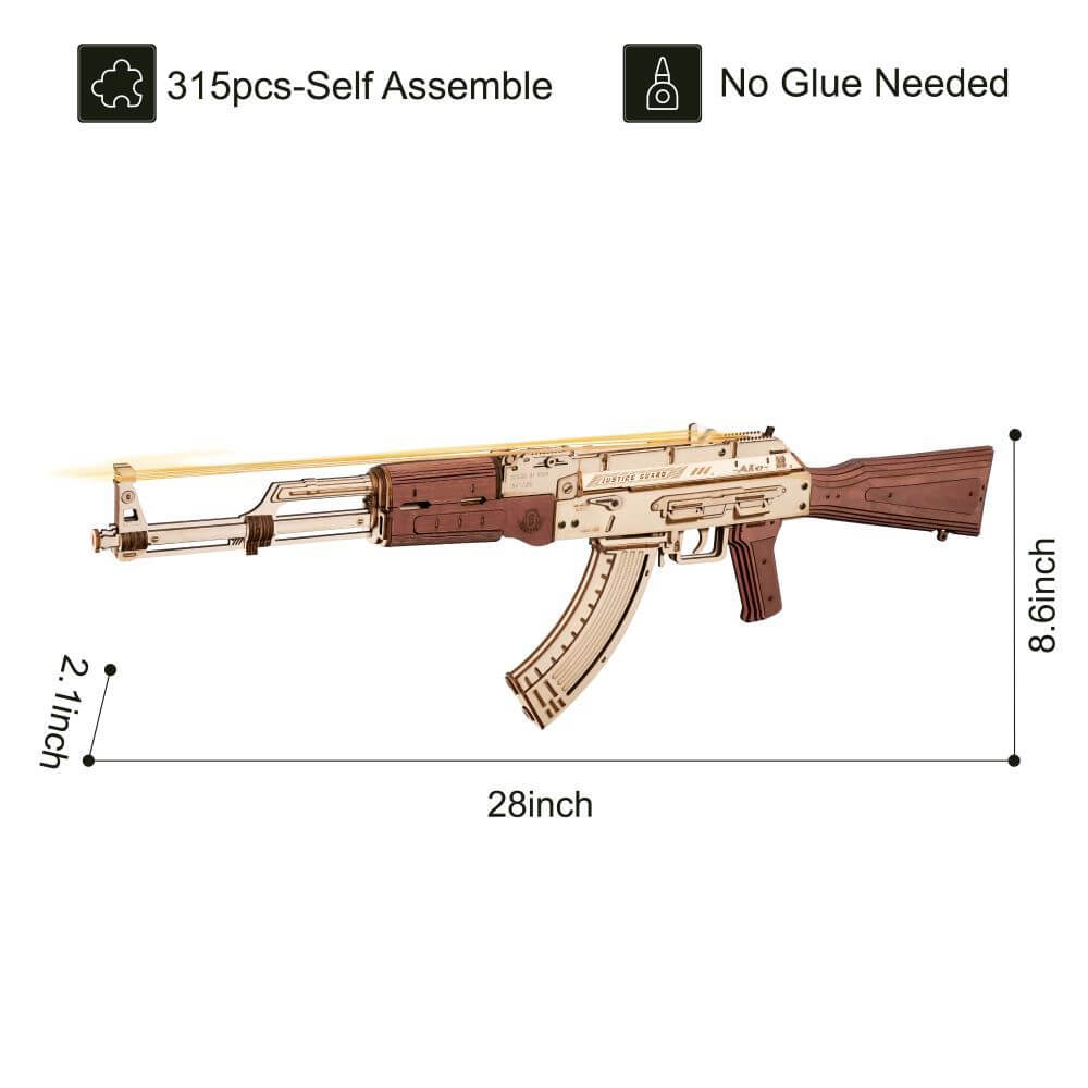 Robotime Rokr AK-47 3D wooden model, 315 pieces, self-assembly, no glue needed, dimensions 28in x 8.6in x 2.1in.