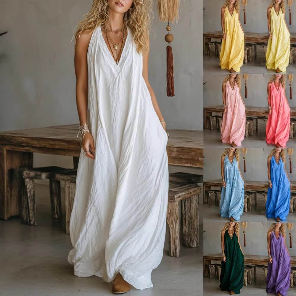 Casual Sleeveless Loose Fit Vest V - neck Long Dress With Front Pockets - Women's Summer Holiday Flowy Sleeveless Long Dresses For Daily Wear - DBMP (Electronics And More Store)
