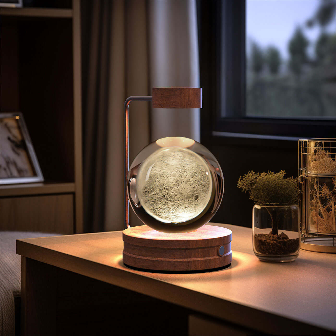 Warm crystal ball night light with wooden base, creating a cosmic atmosphere for indoor decor.