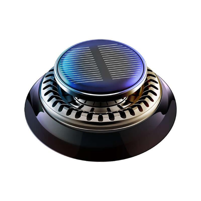 Solar powered car air freshener with double ring design for aromatic fragrance diffusion in vehicles.