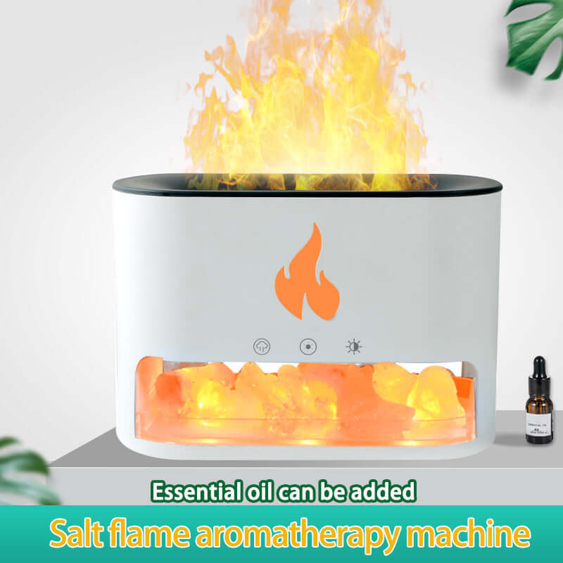 Himalayan salt lamp and essential oil diffuser with flame effect and aromatherapy features, in white color.