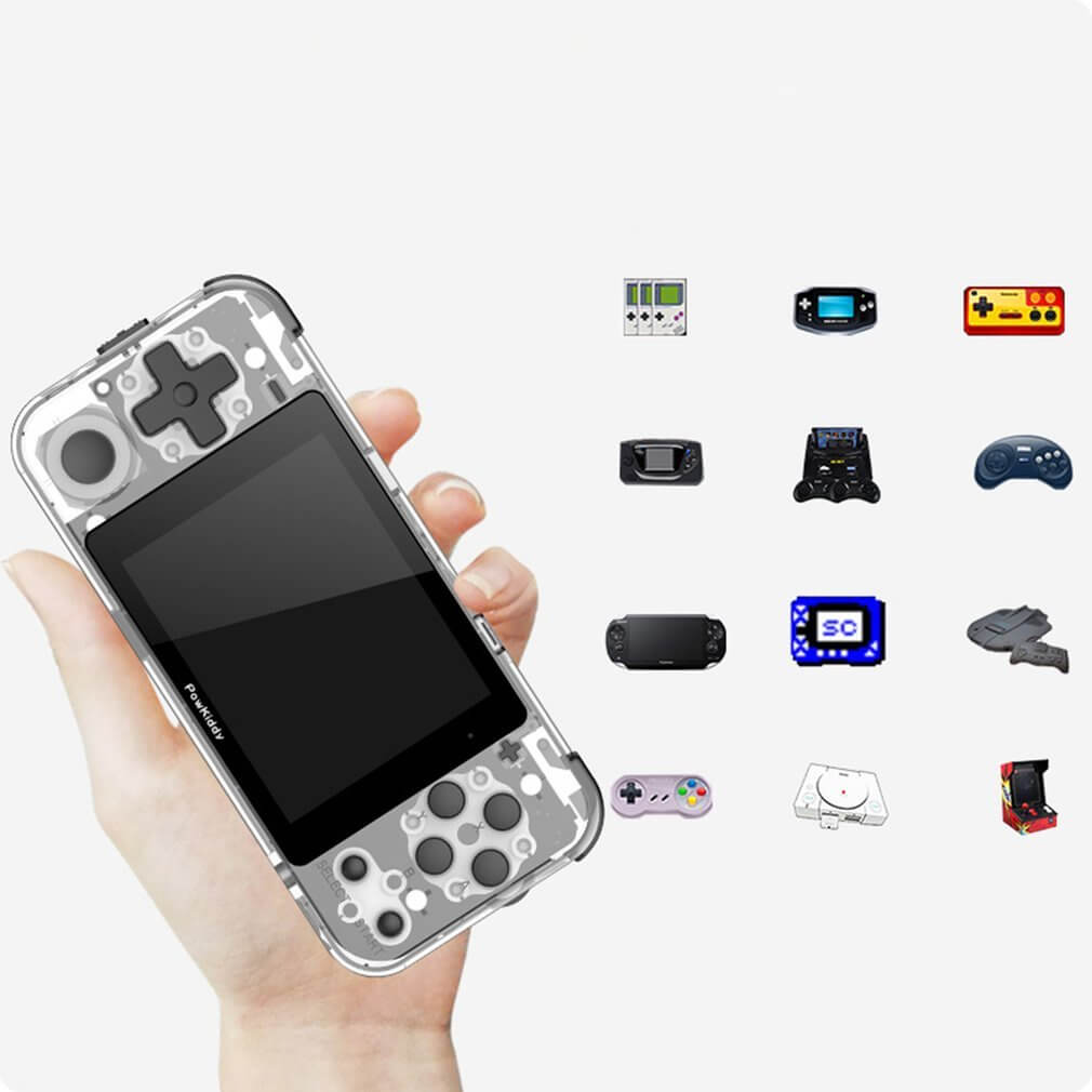 Retro joystick handheld game console with IPS screen being held, surrounded by various gaming devices.