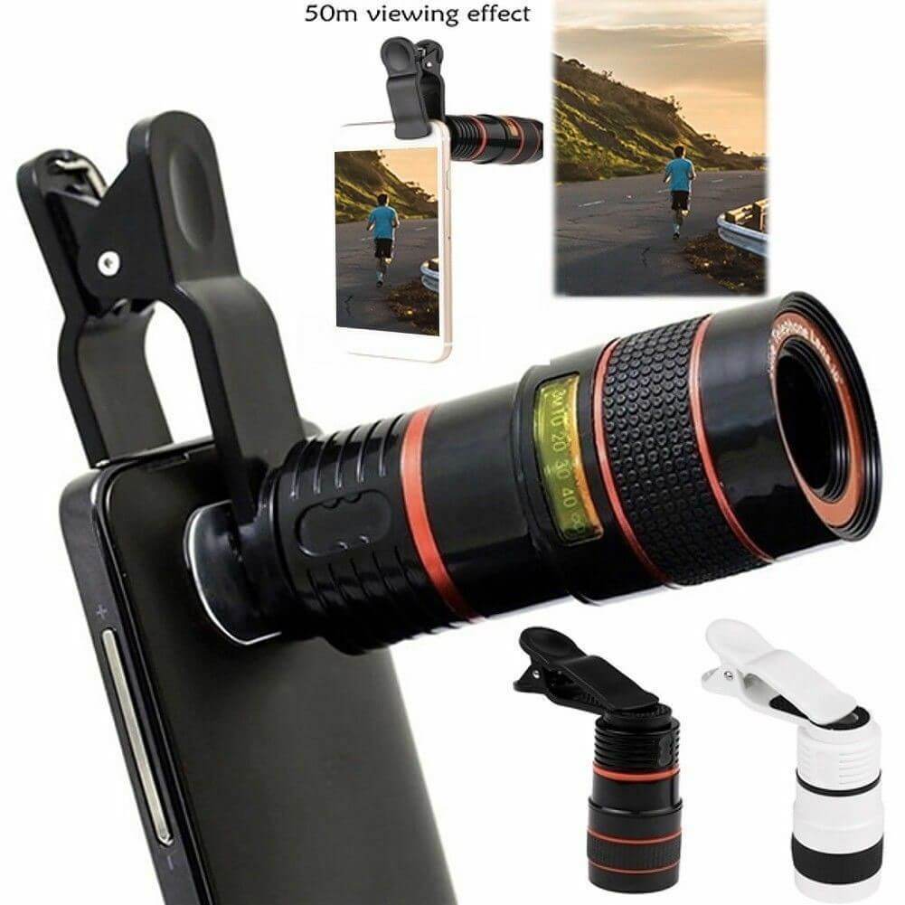 HD 8X clip-on optical zoom telescope lens for mobile phones with a 50m viewing effect.