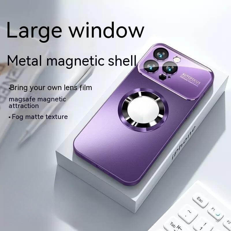 Large window metal magnetic shell phone case in dark purple with fog matte texture and lens film features.
