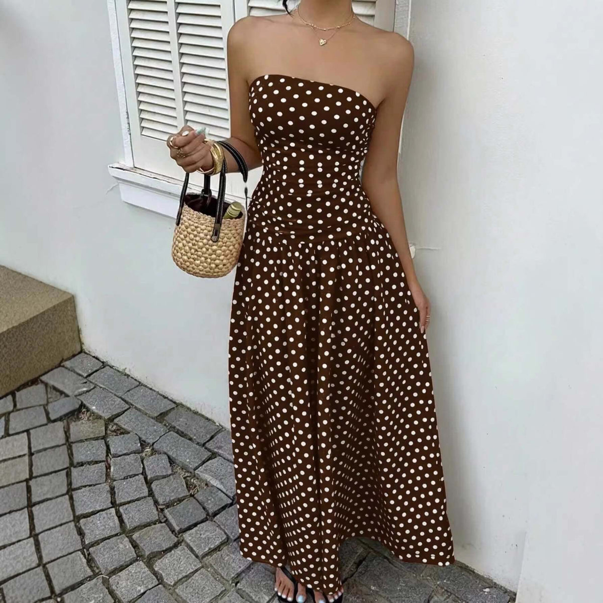 Elegant Polka-dot Off-shoulder Dresses Solid Color Strapless Lady High-waist Robe Commuting Party Business Beach Holiday Outfit
