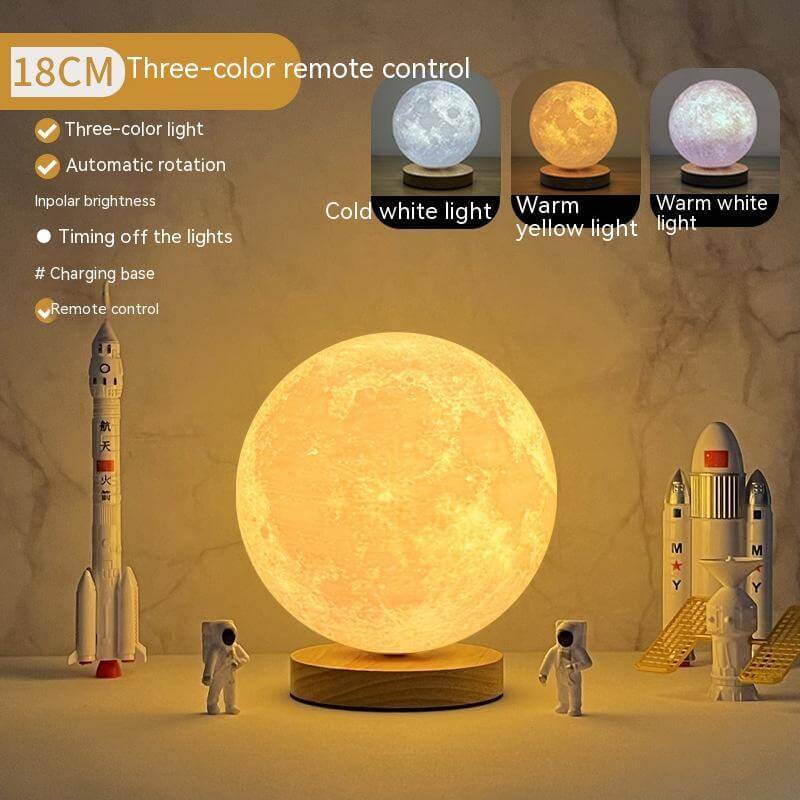 Creative 3D magnetic floating moon lamp with remote control, showing cold white, warm yellow, and warm white light options.