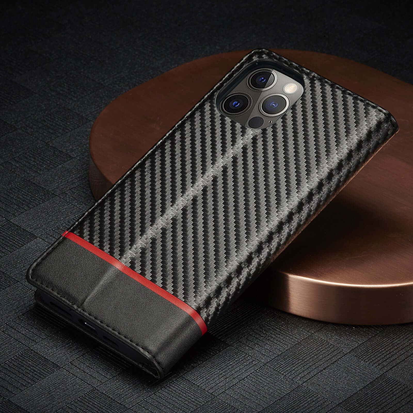 Leather case with carbon fiber texture and magnetic flip style, compatible with Apple phones, handmade trendy design.