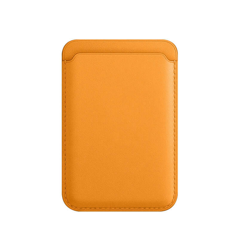 Orange luxury leather card holder wallet case for smartphones, sleek and compact design.