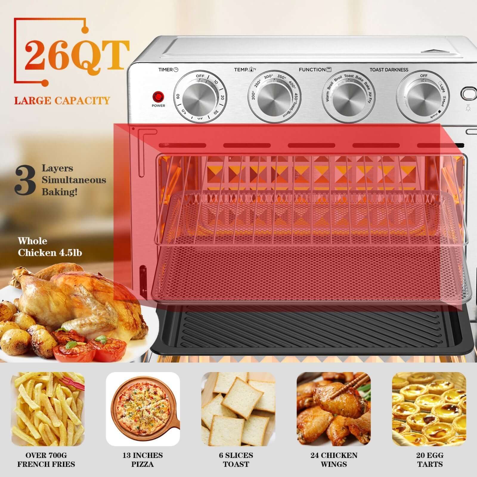 Geek Chef Air Fryer 6 Slice 26QT 26L Air Fryer Fry Oil - Free Extra Large Toaster Oven Combo Air Fryer Oven Roast Bake Broil Reheat Convection Countertop Oven Stainless St - DBMP (Electronics And More Store)