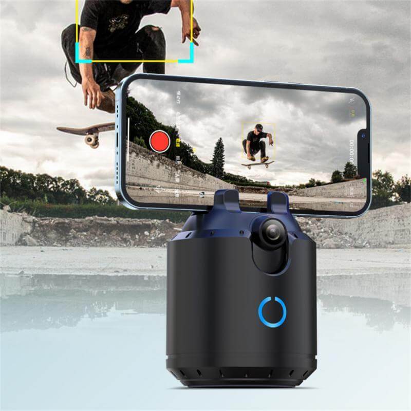 Intelligent dual axis camera capturing a skateboarder in action with a smartphone mounted for video recording.