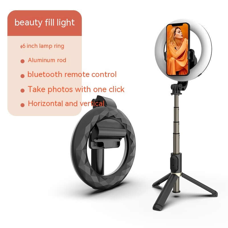 6-inch beauty fill light with Bluetooth remote control, adjustable tripod, and smartphone holder for easy photography.