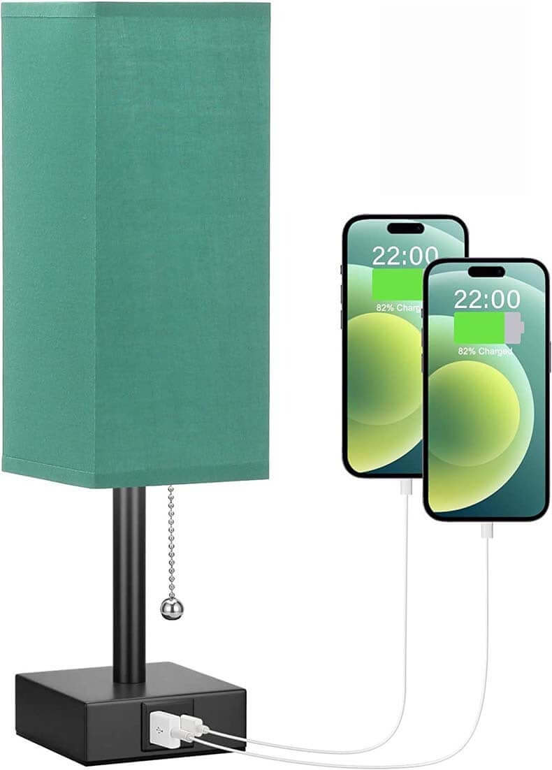 Bedside table lamp with USB charging ports, pull chain switch, and teal fabric lampshade, ideal for nightstands.
