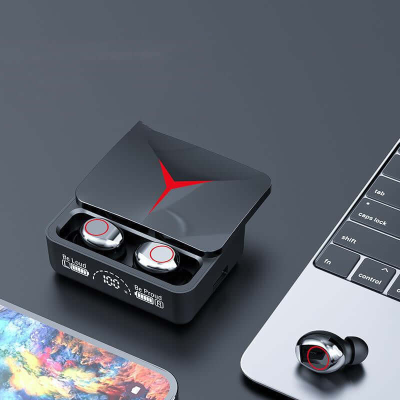 Wireless Bluetooth headset in charging case, designed for gaming with red accents and sleek black finish.