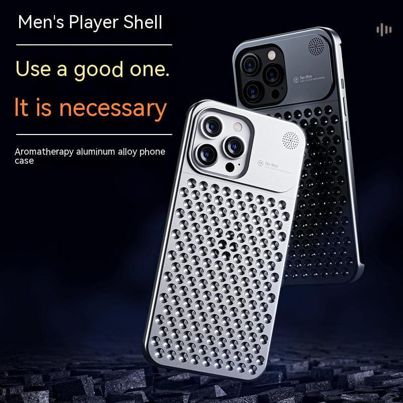 Aromatherapy aluminum alloy phone case for iPhone with heat dissipation and anti-fall features. Stylish and functional design.
