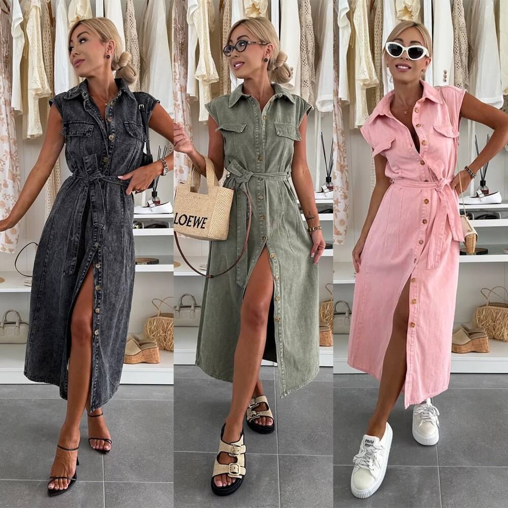 Women's Casual Sleeveless Lace - up Long Dresses Fashion Pockets Solid Party Office Elegant Lapel Single Breasted Denim Dress Summer - DBMP (Electronics And More Store)