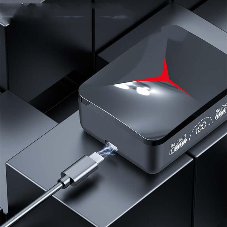 Charging compartment for Bluetooth headset with LED display, sleek black design and USB-C connection.