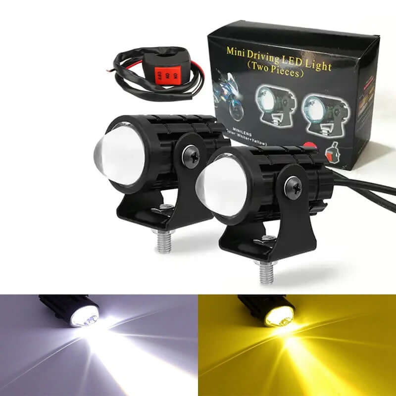Two-color LED mini driving lights with spotlight function for cars and motorcycles, showcasing white and yellow brightness.