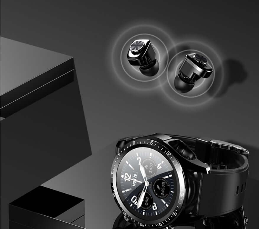 Smart watch with Bluetooth earbuds on a sleek black background, showcasing multifunctional health monitoring features.